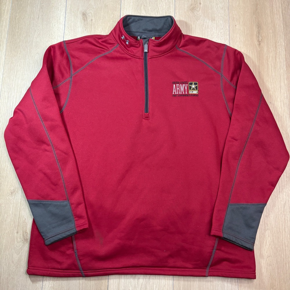 Under Armour Mens XL US Army Fort Leavenworth Red 1/4 Zip Pullover Fleece Jacket